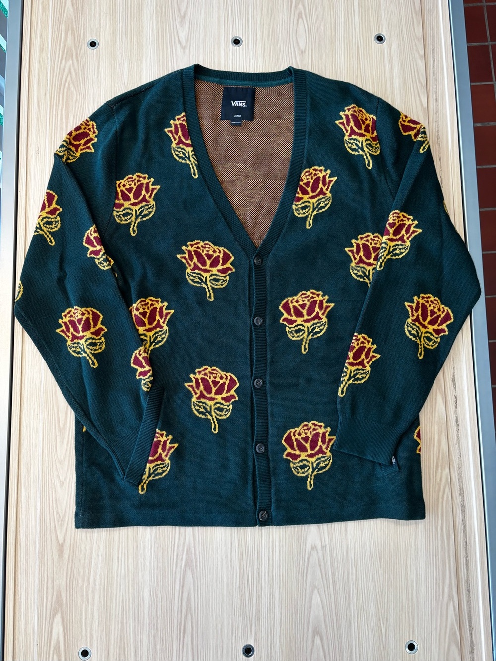 Vans Green Cardigan with Red and Gold Roses